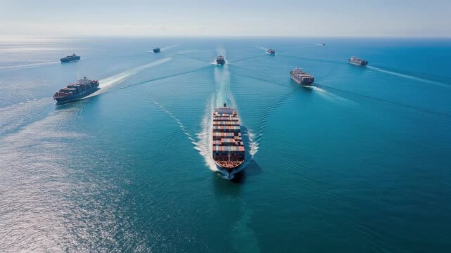 Colossal container ships sailing at sunrise over the ocean horizon with vibrant sky and calm waters