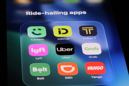 Shanghai,China-July 30th 2026: Careem, inDrive, Kakao T, Lyft, Uber, Grab, Bolt, DiDi, and Yango icons. Ride-hailing apps