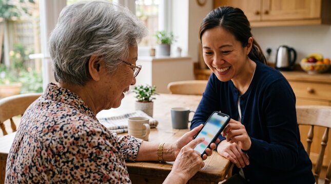 Elderly woman and younger woman smiling while looking at a smartphone together at a kitchen table