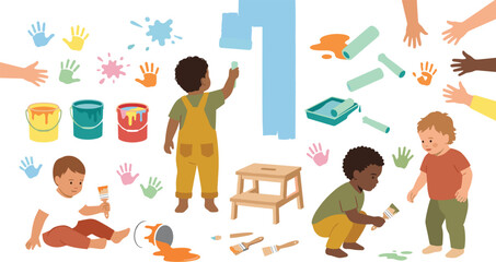 Diverse Toddlers and Kids Painting Wall Vector Illustration Collection with Paint Buckets, Handprints, Brushes, Rollers, and Creative Art Activity Elements
