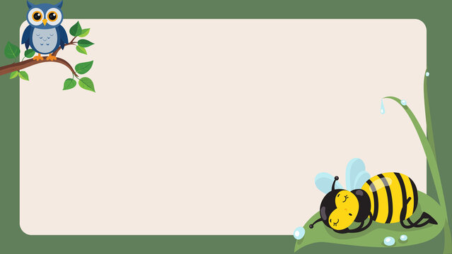 Cute children banner with sleeping bee and little owl on a branch, vector illustration