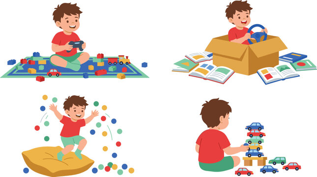 Little Boy Playing with Toys Vector Character Set Featuring Blocks, Cardboard Box Car, Ball Pit Balls, and Toy Cars for Kids Designs
