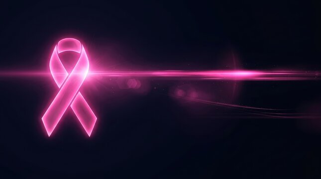 A glowing pink ribbon symbol representing breast cancer awareness month featuring bright light flares on a dark background for medical health campaigns