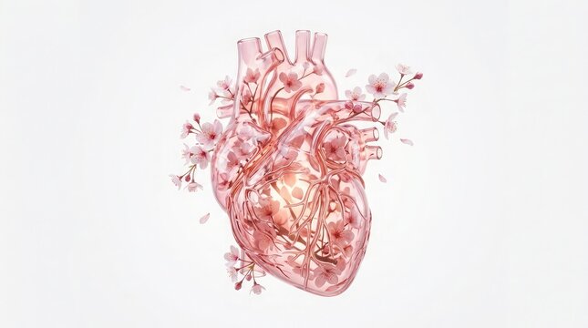 Anatomical human heart illustration decorated with beautiful pink flowers for breast cancer awareness month celebration on a clean white background for design