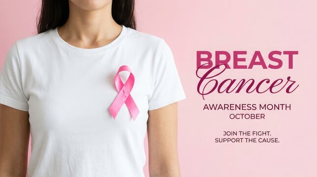 A woman wearing a white t shirt with a pink ribbon pin to support the annual breast cancer awareness month campaign event