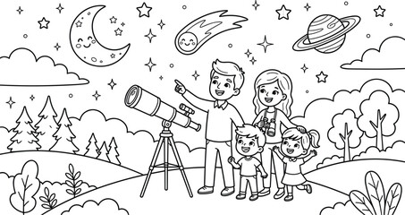 Happy family exploring astronomy with a telescope and binoculars under a magical starry night sky coloring book vector illustration © Sojol