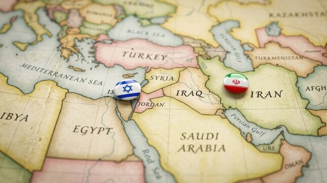 Political map of the Middle East with flag pins of USA, Israel, and Iran on key geographic locations, representing international relations and geopolitical alliance concept and war in middle east