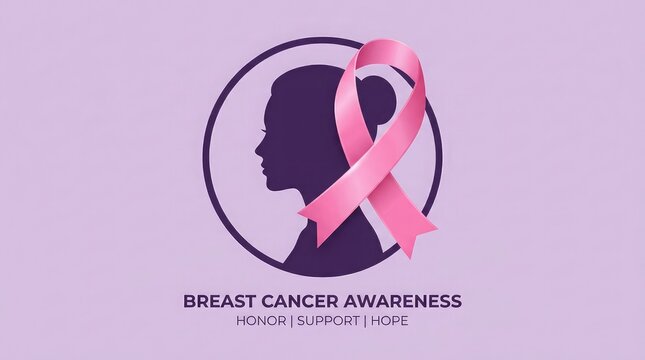 A conceptual illustration featuring a woman profile silhouette and pink ribbon symbol representing the annual global breast cancer awareness month health campaign