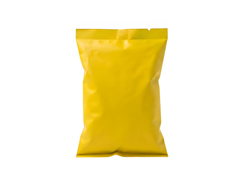Blank yellow plastic snack bag for chips or food packaging design mockup isolated on transparent background
