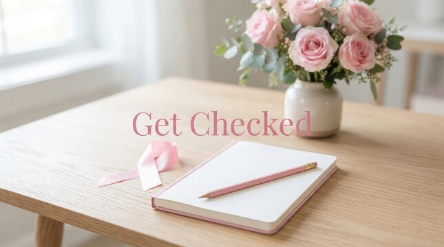 A beautiful desk setup with pink flowers and a notebook featuring the text get checked for breast cancer awareness month in october
