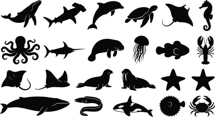 Set of black silhouettes of various marine animals and sea creatures on white background © Mst