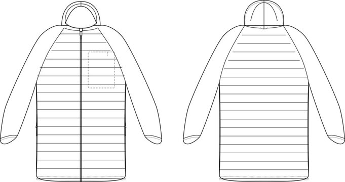 Hooded Puffer Jacket Technical Flat Sketch Front and Back View Vector Illustration