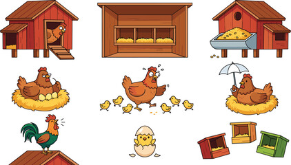 Poultry Farm Chicken Coop Vector Illustration Set with Breeding Hen Rooster Little Chicks Nesting Boxes and Feeder Elements for Agriculture Designs © MstRabeya