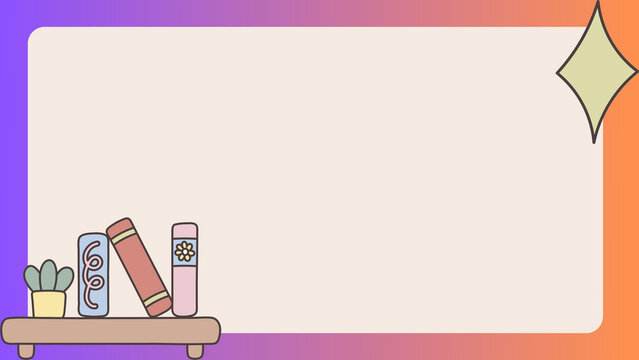 Charming Bookshelf Frame Template with Potted Plant and Colorful Books on a Smooth Gradient Background. Perfect for Study, Education, and Creative Content Display