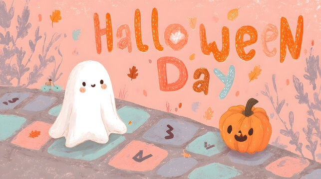 Cute ghost and pumpkin illustration with handwritten text on autumn background with stone path handwritten friendly ghost celebration halloween