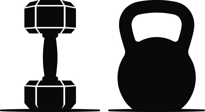 Black silhouette icons of a dumbbell and a kettlebell for fitness and gym workout design concepts