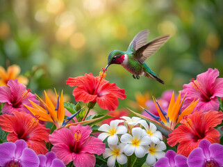 Naklejka premium Hyper-detailed macro photograph of a hummingbird hovering over red hibiscus and tropical blooms. Features iridescent feathers and a soft golden bokeh background with copy space. AI generated.