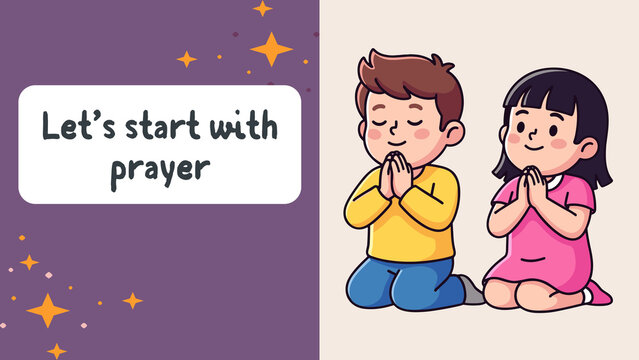 Cute cartoon illustration of a little boy and girl praying together with the text Let's start with prayer on a purple and cream background
