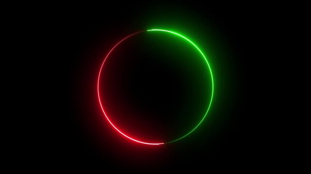 High-quality glowing neon light circle animation featuring vibrant red and green neon lines rotating continuously in a smooth loop against a solid black background.