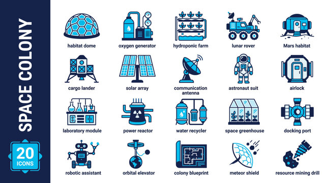 A comprehensive set of 20 blue and white line icons illustrating essential components and structures for a future space colony, including habitats, vehicles, and life support systems.