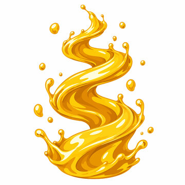 Spiral Golden Oil Splash Twisting Upward with Glossy Highlights and Amber Flat Shadow Areas on White Background