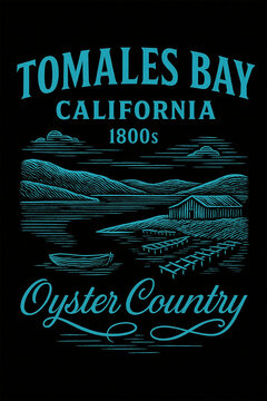 Journey back to the 1800s in Tomales Bay, California, celebrating the rich heritage of its renowned oyster country with a charming maritime scene featuring a boat and rustic waterfront