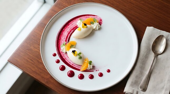 Elegant gourmet dessert plate featuring smooth white cream quenelles with vibrant berry sauce and fresh oranges