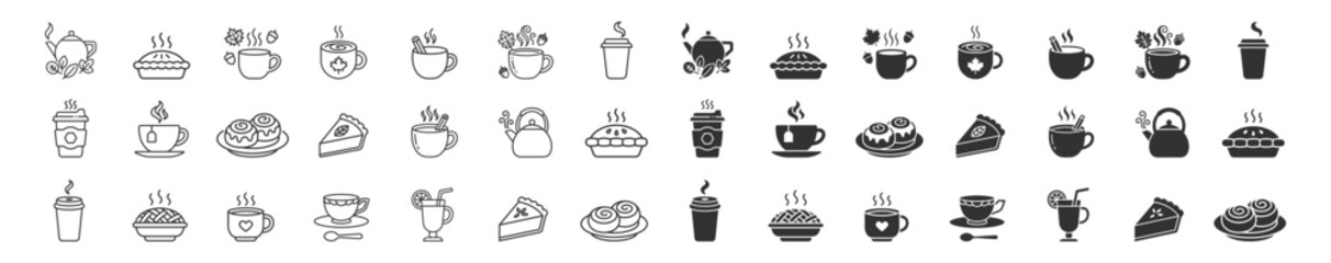 Obraz premium set of hot beverage and dessert icons including teapot, pie, coffee cup, tea cup, cinnamon rolls, and juice glass vector illustration on transparent background