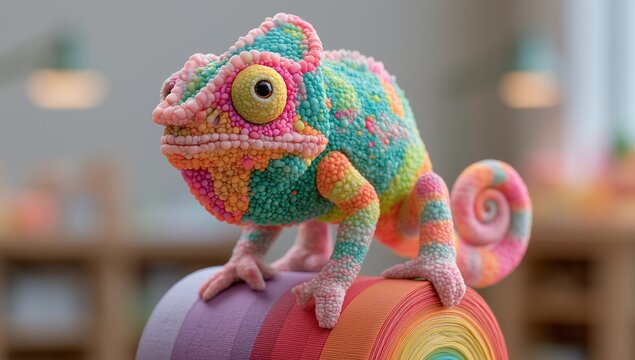 Chameleon color roll craft shop printing press. Vibrant multi-colored chameleon perched on top of a bright ribbon or paper roll, illustrating concepts of color matching