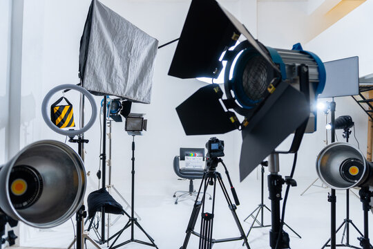 Film Studio Setup With Cameras and Lighting Equipment in Action