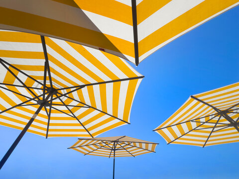 Yellow and wite stripes sun umbrellas closeup detail and blue sky