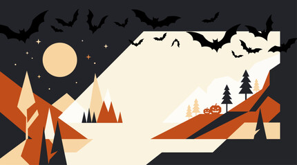 Geometric abstract Halloween background with bats, full moon, and pine tree forest silhouette © Senior