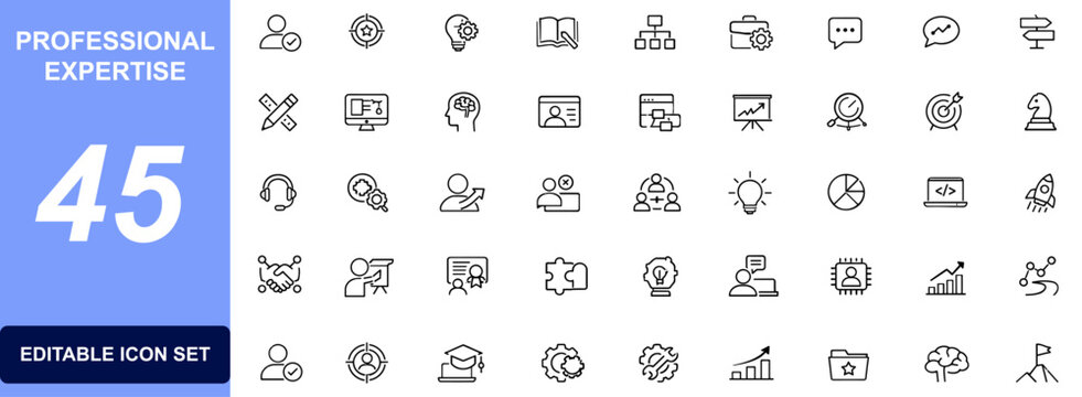 Professional expertise icon set with specialist skills, consultant, mentoring, coaching, career growth, knowledge, problem solving, business support and guidance vector illustration