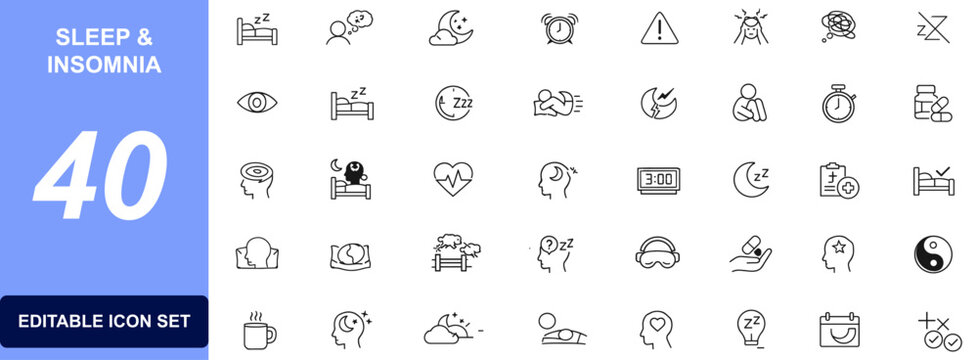 Sleep insomnia icon set with sleep disorder, sleeplessness, bedtime routine, anxiety, stress, relaxation, medical care, night rest, therapy, fatigue and recovery vector illustration