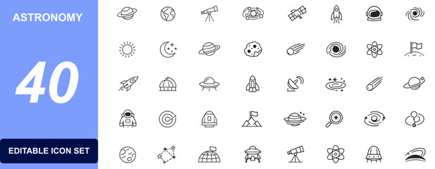Astronomy icon set with space exploration, universe, planets, solar system, galaxy, orbit, rocket, astronaut and telescope symbols for science projects. Vector illustration. © Senoara Studio