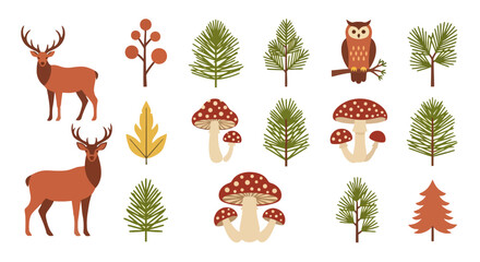 Obraz premium A collection of stylized forest elements including deer, mushrooms, pine trees, an owl, and autumn leaves.