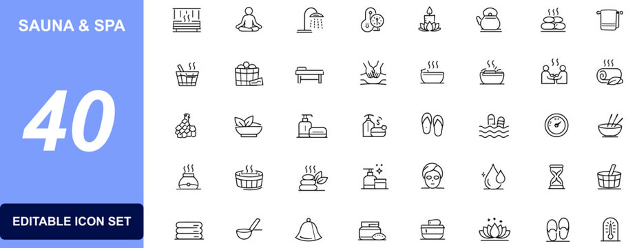 Sauna and spa icon set with steam room, massage therapy, relaxation, wellness retreat, aromatherapy, bath essentials, hygiene care and body treatment. Vector illustration.