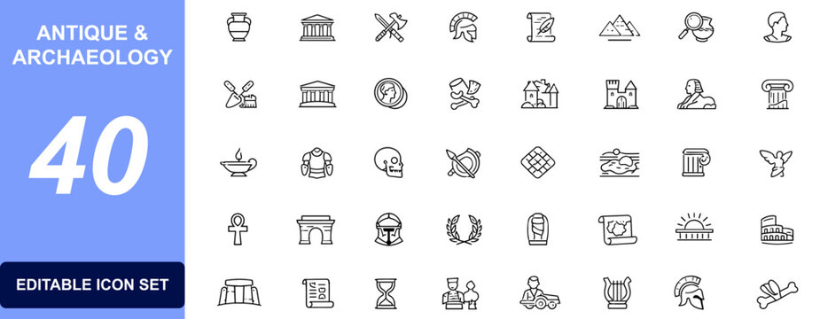 Archaeology icon set with antique museum, ancient artifacts, heritage relics, medieval armor, classical sculpture, Roman and Greek history symbols. Vector illustration.