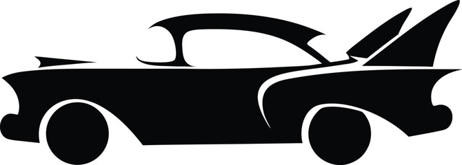 Vintage classic car silhouette with tail fins, retro 1950s automotive vector icon, black mid-century american cruiser profile for garage and club logos © SetuRani