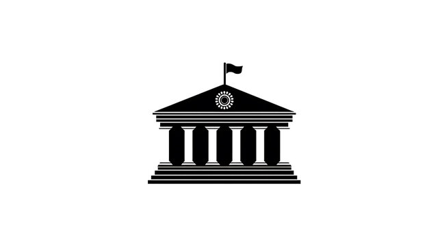 A black and white illustration of a classic building with columns and a flag on top