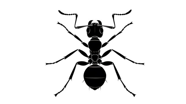 A detailed illustration of an ant, showcasing its segmented body, six legs, and antennae. The ant is depicted in black against a clean white background