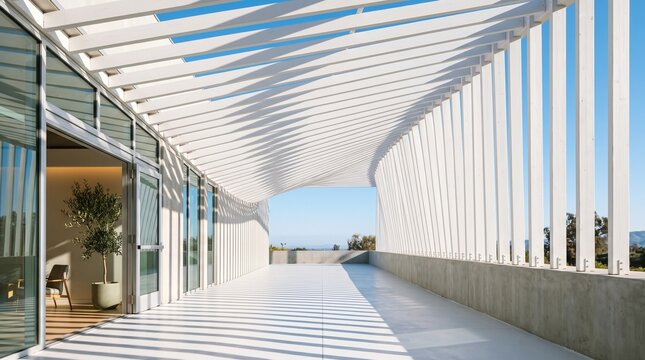 Modern outdoor building walkway with white roof beams and metal pillars on a sunny day with blue sky view