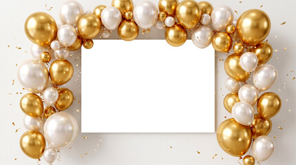 Stunning decorative frame made of glossy gold and white balloons isolated on a clean white background, space for text and transparent background ready to use © Nafish