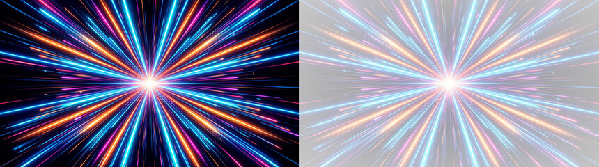 Obraz premium colorful light rays explosion with blue pink orange lines on black background
