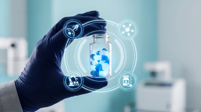 A hand in a dark glove holds a glass medicine bottle with glowing blue digital icons and medical hologram