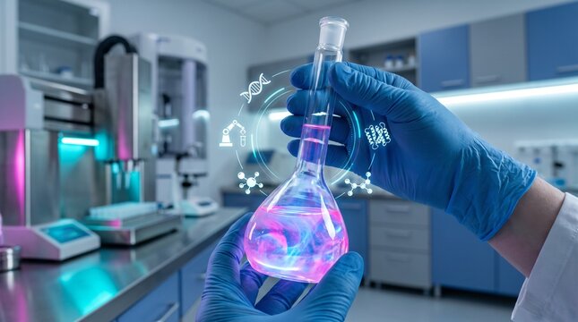Scientist holding a glass flask with purple chemical liquid inside a modern medical laboratory research room