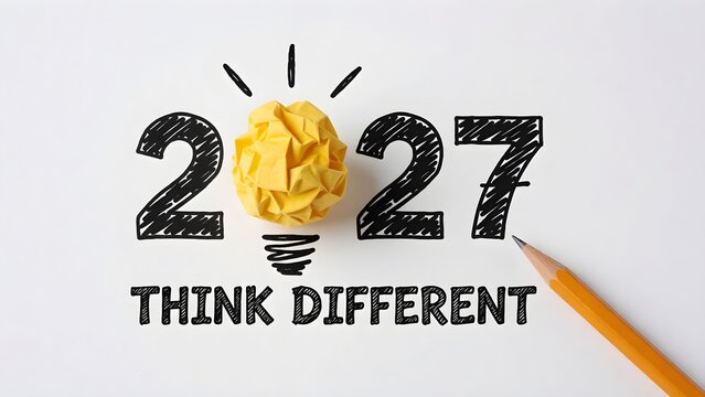 Minimalist 2027 year concept with lightbulb and think different motivational illustration