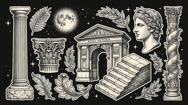 Ancient roman architectural and bust on black background architecture column