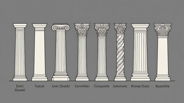 Eight classical architectural columns arranged horizontally with labels architecture doric tuscan
