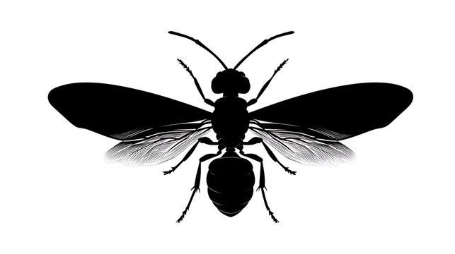 A detailed illustration of a solitary wasp, viewed from above, showcasing its segmented body, antennae, and intricate wings